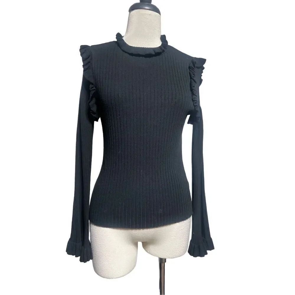 Line & Dot Black Ribbed Long Trumpet Sleeve Sweater Size Small